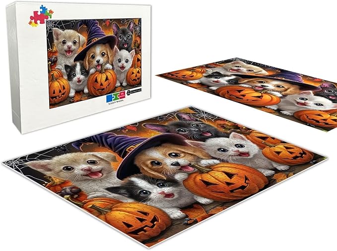 Adult Wooden Puzzles for Halloween Cats and Dogs, Chunky and Sturdy Puzzles - Exquisite Design -500 Pieces - Ideal for Relaxation and Entertainment