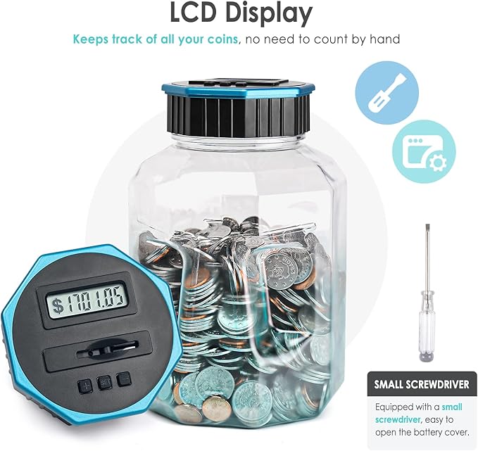 X-Large Piggy Bank for Adults Kids, Vcertcpl Digital Coin Counting Bank with LCD Counter, 2.4L Capacity, Great Coin Counter Bank Money Counting Jar with Total Amount Displayed (G Blue, X-Large)