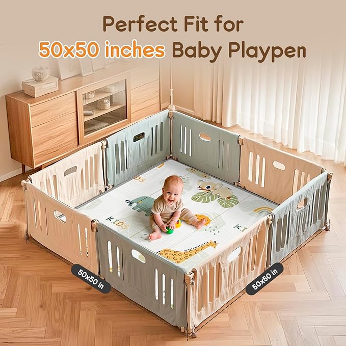Foldable Baby Play Mat, PIGLOG 50x50 Playpen Mat, Waterproof Playmats for Babies and Toddlers Kids, Safe Foam Playmat for Tummy Time, Reversible Portable Baby Floor Mat for Infant, Giraffe + Elephant