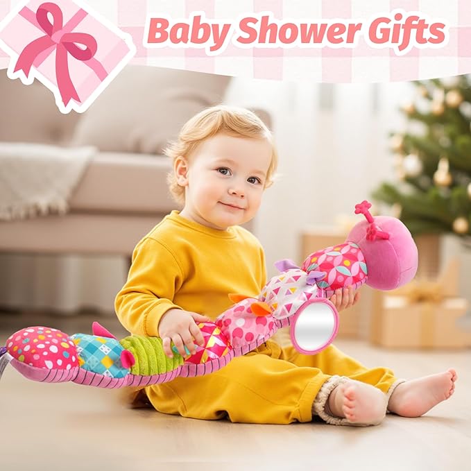 Baby Toys 0-6 Month, Musical Caterpillar Baby Rattle, Plush Sensory Toy with Mirror, Crinkle Textures, Newborn Developmental Tummy Time Stuffed Animal for Infants Boys Girls 6-12 Months (Pink)
