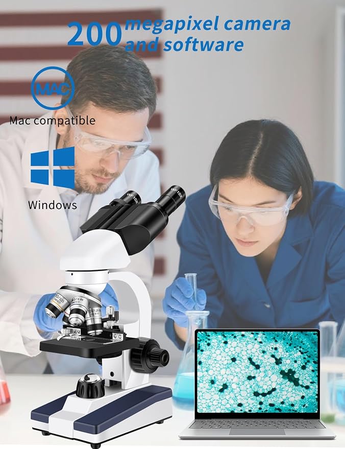 Microscope for Adults WF10x and WF25x Eyepieces, 40X-2500X Magnification, with HD USB Camera, Binocular Microscope for Lab Schools