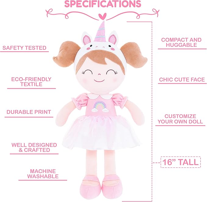 Gloveleya Personalized Doll with Your Name - Cute Pink Unicorn Custom Soft Plush Doll for Girls Plush Doll Customized Gifts - Muñecas de Trapo Personalizadas para Niñas