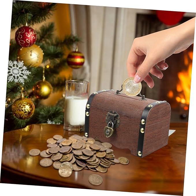 Toyvian Box Treasure Chest Money Safe for Cash Saving for Adults Wooden Treasure Vintage Wooden Trunk Piggy Bank Organizer with Lock Jewlery Kids Toys Craft Boy Miss Metal Wedding Necklace