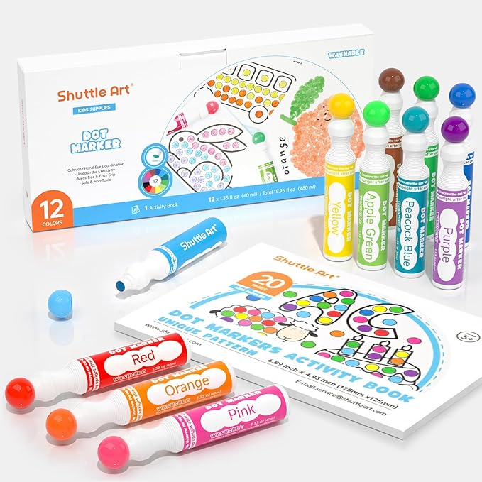 Shuttle Art Dot Makers, 12 Colors Bingo Daubers with 20 Unique Patterns of Dot Book for Toddler Art Activities, Non-Toxic Washable Coloring Markers for Preschool Kids Learning