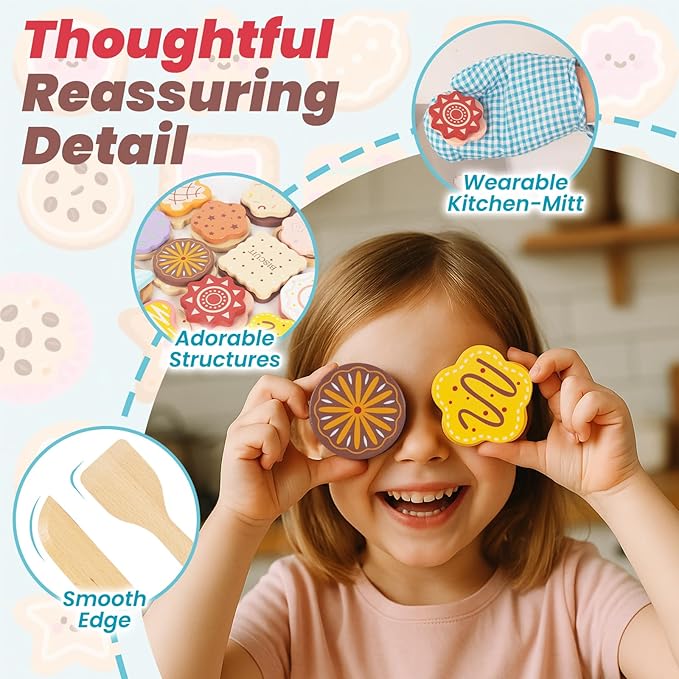 Slice and Bake Wooden Cookie Play Food Set for Kids, Kitchen Toys Food Accessories for Toddlers, Pretend Play Baking Set for 3 4 5 Years Old Girls Boys Birthday Gifts