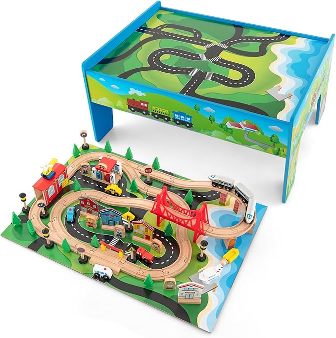 GLACER 80-Piece Train Table, Large Multipurpose Wooden Toy Activity Table Playset with Reversible Detachable Tabletop, Railway Tracks, Trains, Cars, DIY Design, Gift for Boys Girls Age 3+, Multi-Color