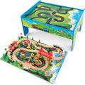 GLACER 80-Piece Train Table, Large Multipurpose Wooden Toy Activity Table Playset with Reversible Detachable Tabletop, Railway Tracks, Trains, Cars, DIY Design, Gift for Boys Girls Age 3+, Multi-Color