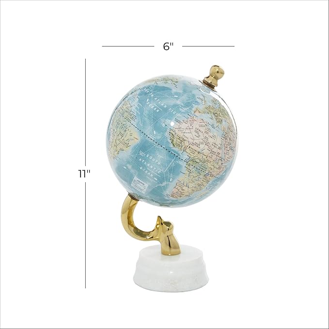 Deco 79 Aluminum Metal World Globe with Marble Base, Desk Globe 6" x 6" x 11", Blue