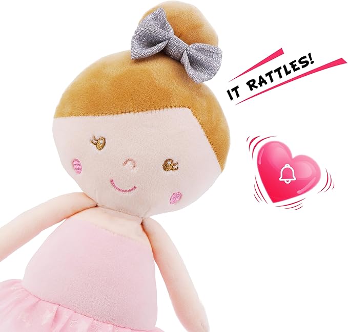 June Garden 16" My First Ballerina Ruby - Soft Plush Baby Doll with Rattle - Pink Outfit