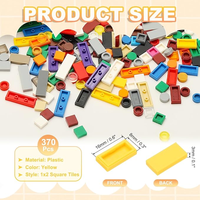 PATIKIL 370 Pcs Flat Blocks Bulk, 1x2 Square Yellow Classic Tiles Smooth Surface Mini Building Blocks Accessories Compatible Bricks Kits for Building Floor Walls Mosaic Pixel Arts