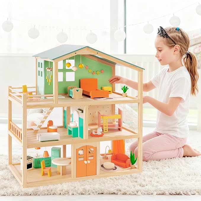 Giant bean Large Wooden Dollhouse with 32 Pcs Furniture Accessories, 3-Story Doll House 5 Rooms Balcony Wooden Stairs, Ideal Dollhouse Playset Toy for Kids Ages 3+, 30" H x 28" L x 13" W