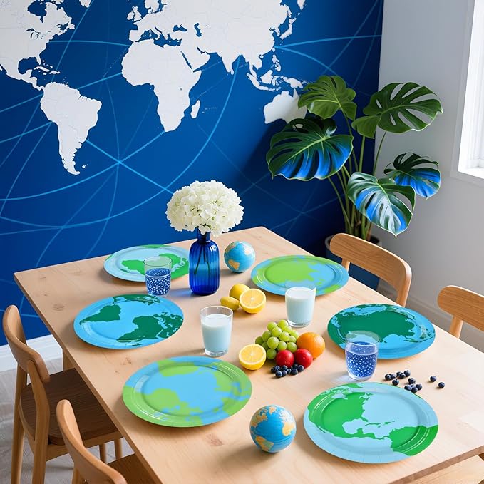 Grencian 60Pcs Earth Day Paper Plates 9" Large Disposable Heavy Duty Navy Globe Map Platter Blue Green Around the World Dessert Plate for Kids Birthday Travel Home Party Decoration