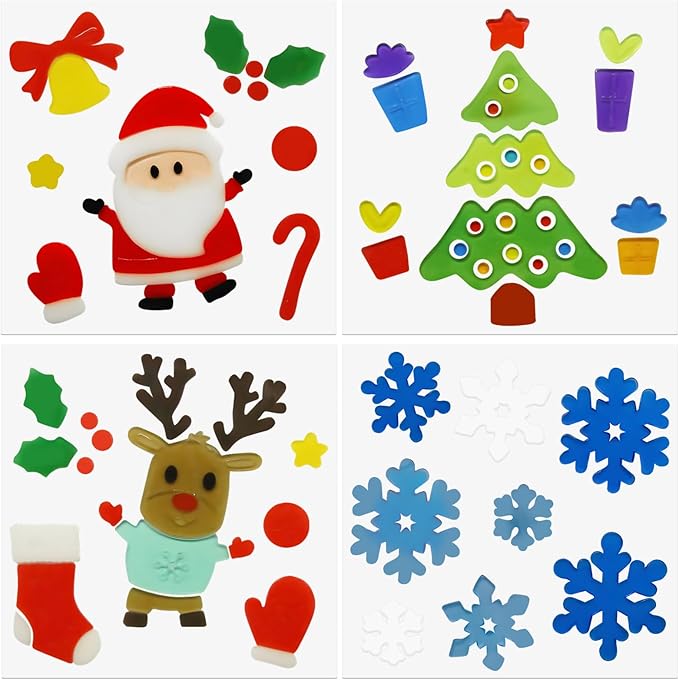 4Pcs Christmas Thick Gel Clings, Xmas Clings Window Stickers Winter Gifts, Jelly Window Stickers for Children, Cute Pumpkins Witch Bats Window Clings Christmas Window Decors Supplies for Kids