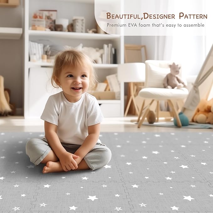 Extra Large Baby Play Mat - 4FT x 6FT Non-Toxic Foam Puzzle Floor Mat for Kids & Toddlers (Grey/White Star)