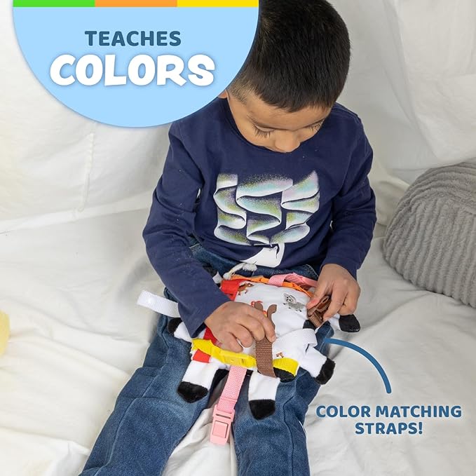 Buckle Toys Bessie Cow Stuffed Animal Plush Montessori Toys for Toddlers 1-3 Sensory Toys to Develop Fine Motor Skills and Learn Shapes and Colors, Travel Essentials for Kids, Includes Storage Pocket
