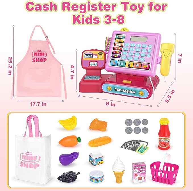 Dreamon Kids Cash Register Toy, Pretend Play Calculator Register Toys with Scanner, Apron, Credit Card, Play Food and Shopping Bag, Grocery Store Playset Preschool Gift for Kids Girls Age 3 4 5 6 7