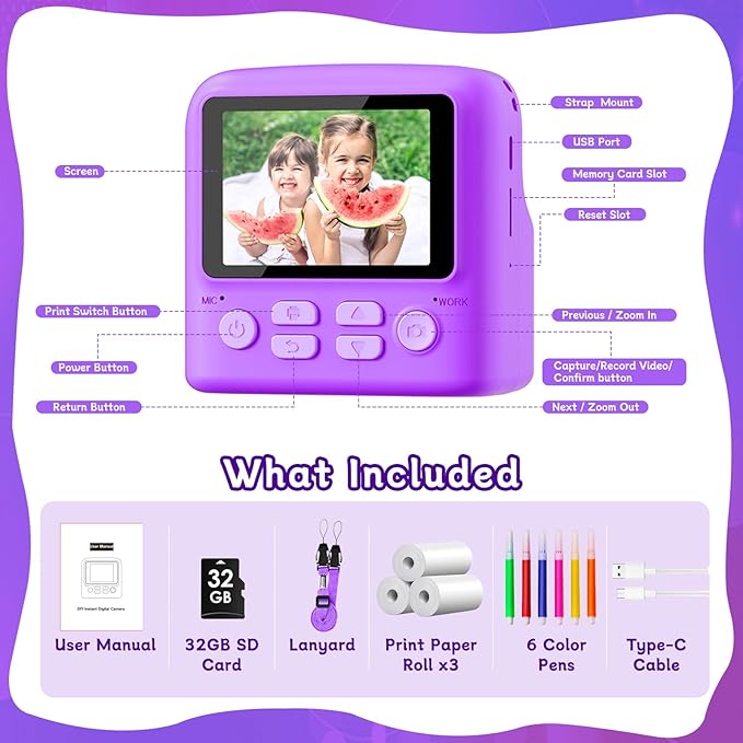 Kids Instant Print Camera, 1080P Digital with 32GB Card, Portable with Lanyard, for 3-8 Year Old Girls & Boys