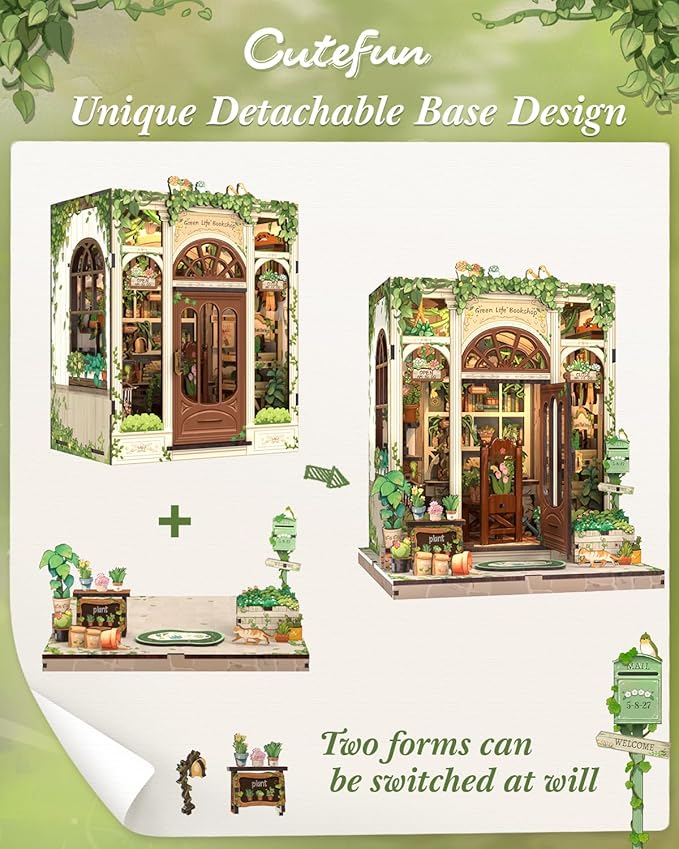 Cutefun Book Nook Kit - DIY Miniature Dollhouse Booknook Kit for Adults and Teens, Tiny House Bookshelf Insert Decor with LED Light, Gifts for Family and Friends (Green Life Bookshop)