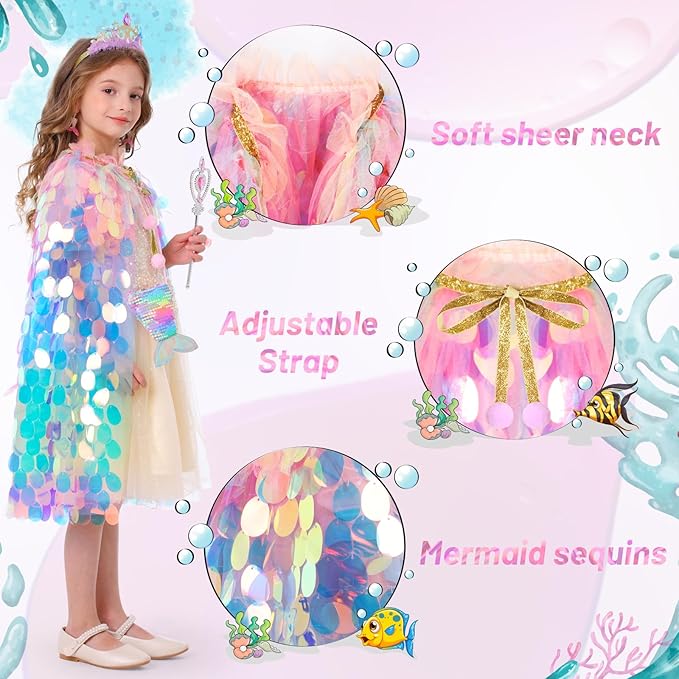 Princess Dress Up Toys Princess Dress Up Clothes Rainbow Mermaid Cape Kit 9 Pcs Gift Set for Little Girls 3-8 Years