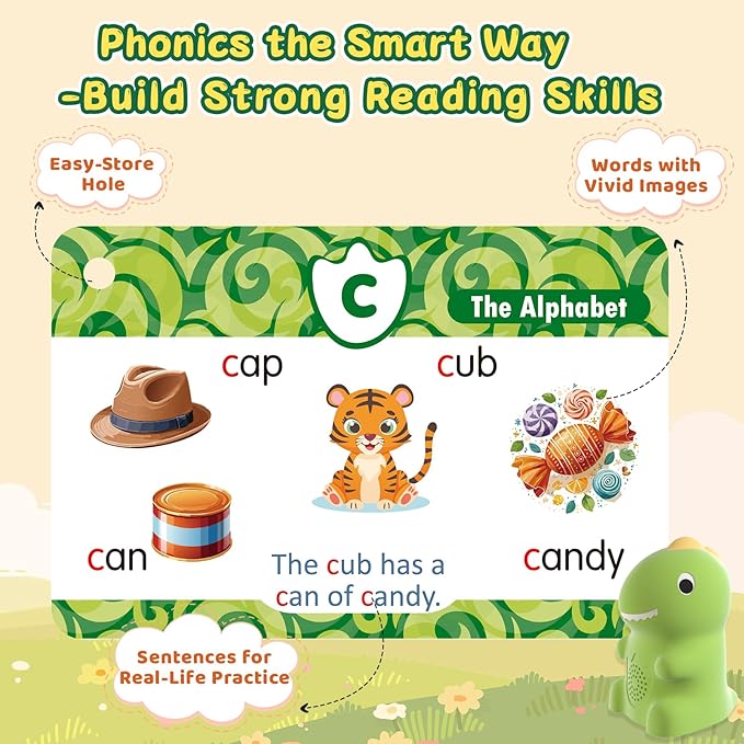 HOMESTEC Talking Phonics Flash Cards with Dino Reader Pen, Learn to Read for Kids Ages 3-6, Ideal for Kindergarten Reading Games, Homeschool, Speech Therapy, and Learning Activities Use