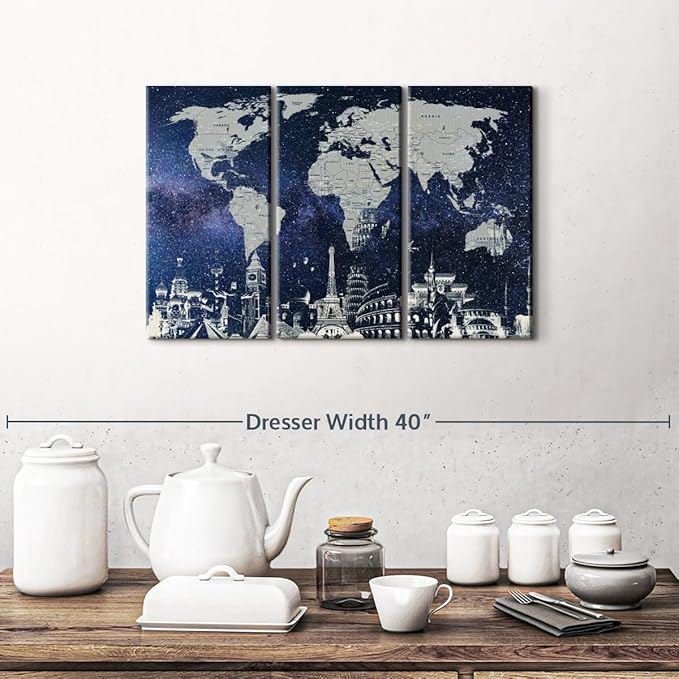 ElephantStock Starry World Map Multi Piece Canvas - 3 Panel Wall Decor - Map of the World Art - Canvas for the Office and Home - 23" X 14"