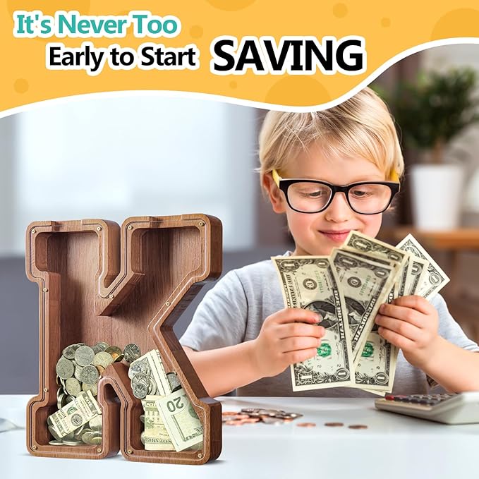 Summidate Customized Name Large Wooden Piggy Bank for Kids Boys Girls Alphabets Letter A-Z Coins Bills Money Change Bank Box Initial on Clear Cover (Laser Engraved) (Alphabet-K, Personalized-12)