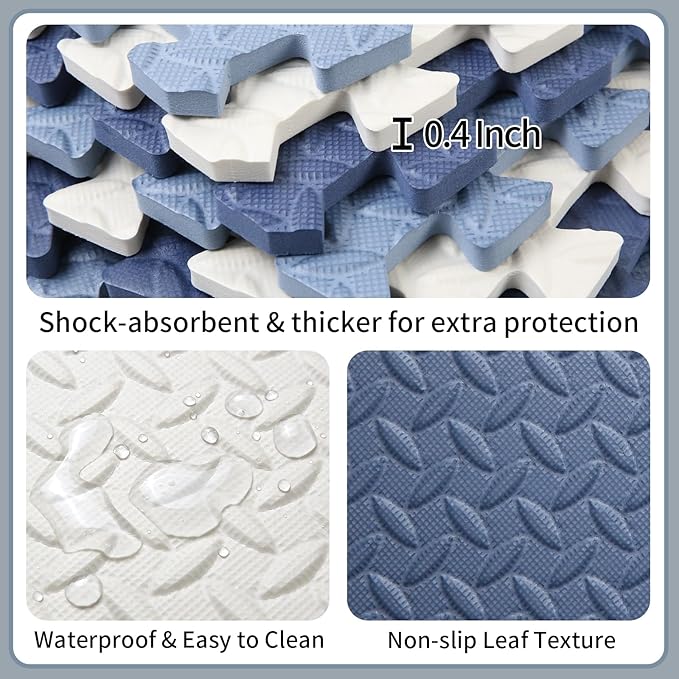 Foam Play Mat for Baby, 0.4 Inch Thick Foam Interlocking Floor Mats, Soft Non-Toxic Baby Playmat, Puzzle Play Mat Kids Floor Mats for Toddler, 16 Tiles(White/Dark Blue/Gray Blue)