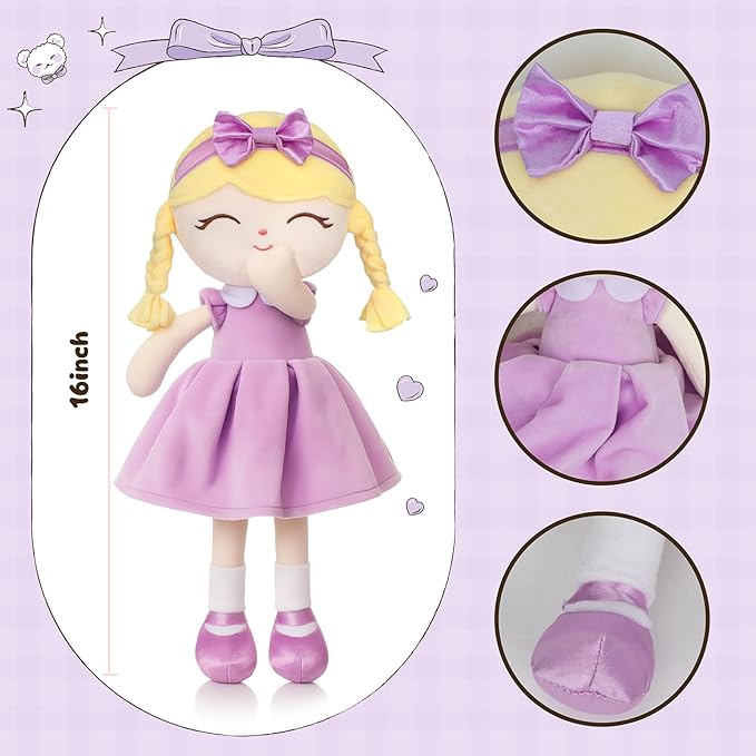Soft Baby Doll Toys (16'') Baby Rag Doll for Girls Birthday Gift Christmas Plush Toys Gift for Toddler Kids (Purple)
