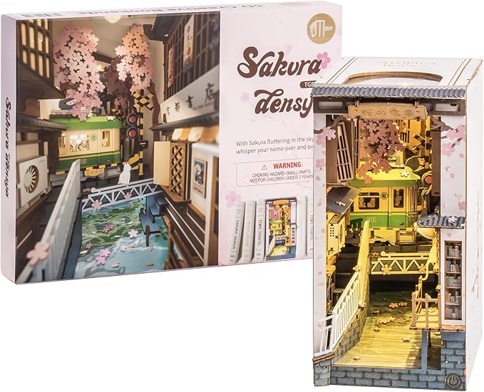ROBOTIME DIY Book Nook Kit DIY Miniature Dollhouse Booknook Kit 3D Wooden Puzzle with LED Light,Decorative Bookend Bookshelf Insert Decor for Teens and Adults (Sakura Tram)