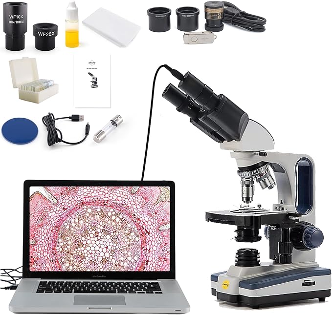 Swift Digital Binocular Compound Microscope 40X-2500X, with 5MP USB Camera, Two-Layer Mechanical Stage and Software Windows and Mac Compatible and Slides,Siedentopf Head,Research-Grade