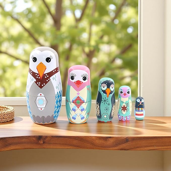 7" Russian Nesting Dolls, Handmade Wooden Matryoshka Dolls with Cute Bird Patterns, Animal Stacking Toys for Kids, Birthday Gift & Home Decoration