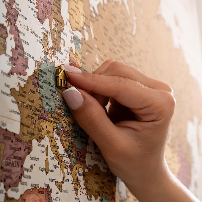Canvas World Map with Cork Pin Board - English Lettering - Decorative Wall Decoration for All Rooms - Canvas Pictures with World Map Motif (120x80 cm, Pattern 20)