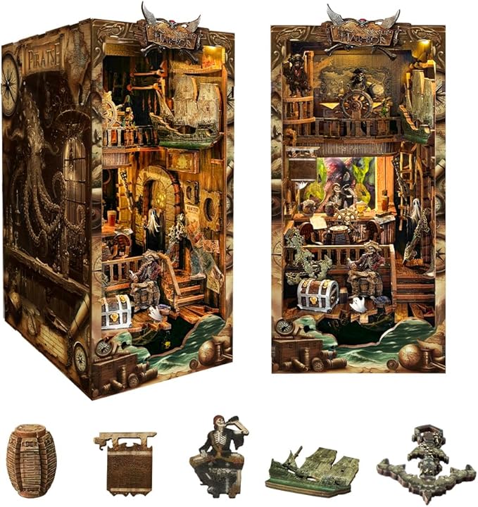 Book nooks DIY Dollhouse kit for Adults Bookshelf Decor with LED Lights 3D Wooden Puzzle Model booknooks Kits Gifts for Family,Friends (New World)