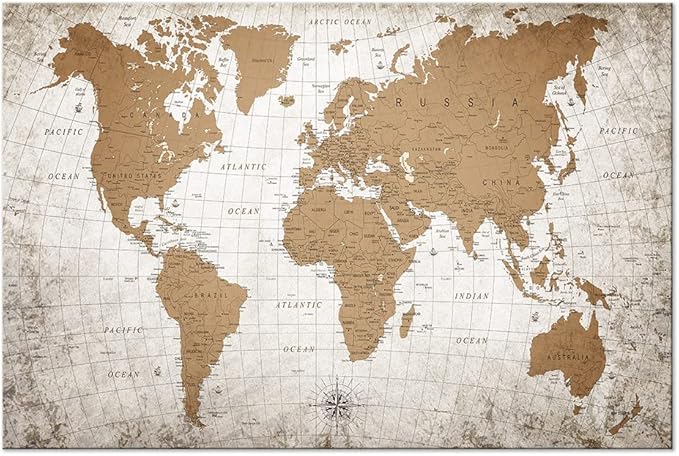 artgeist Pinboard World Map 35x24 in - Cork Board & Canvas Print Wall Art 1 pcs Memoboard with 50 Pins Noticeboard Message Board Image Picture Home Decor Travel Map k-C-10001-p-a