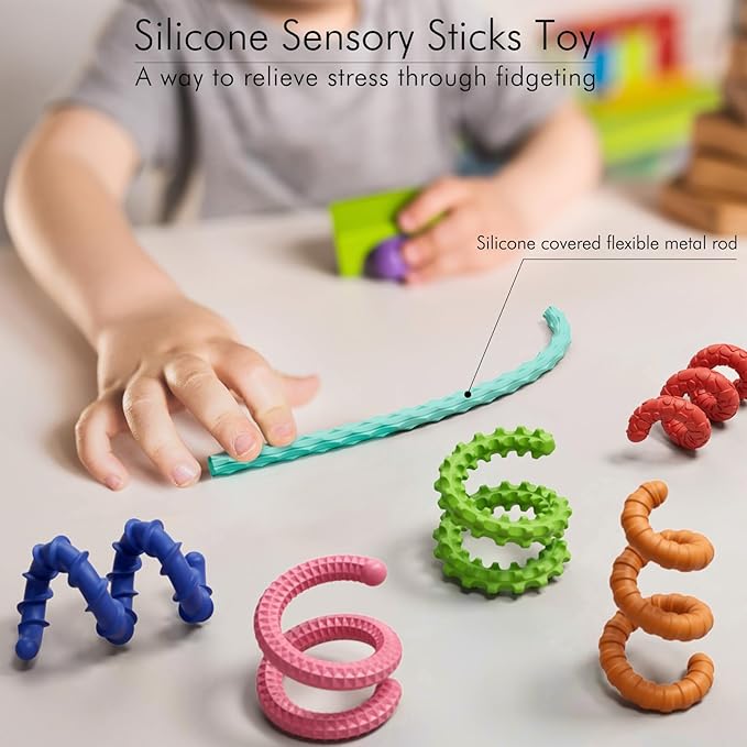 Sensory Fidget Toys for Kids Adults,12PCS Flexible Fidget Sticks for Stress Anxiety Autistic ADHD, Calm Down Travel Airplane Essentials Toys, Stuffers for Teens Kids