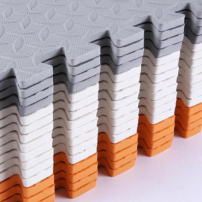 Play Mat for Babies 0-6 Months, Solid Colored Foam Floor Mat, Non-Toxic Interlocking Foam Puzzle Floor Mats, 0.4" Thick Square Kids Playmat丨47x47 Play Mat for Playpen (White/Gray/Orange)