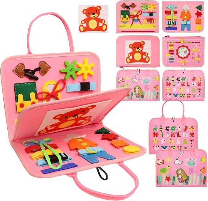 MAJAVI Busy Board Montessori Toys for 1 2 3 4 Year Old, Busy Book for Toddlers 1-3 Boys Girls Birthday Gifts, Sensory Educational Activities Travel Toys for Learning Fine Motor Skills, Pink-3 Pages