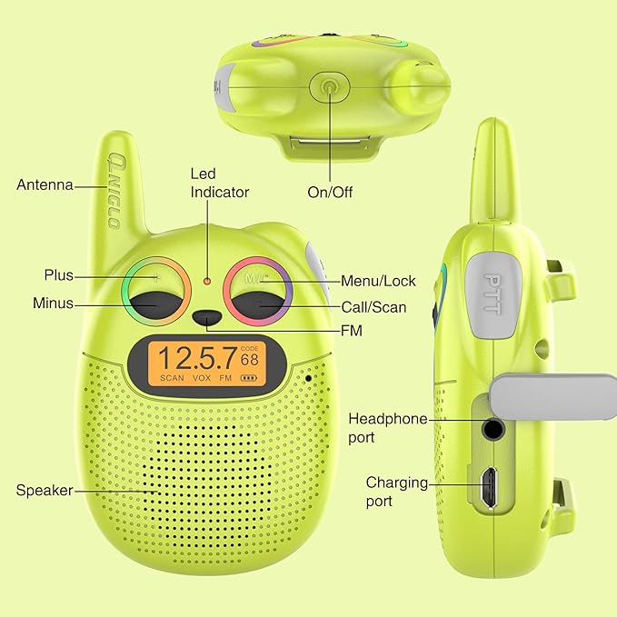 Qniglo Walkie Talkies for Kids Rechargeable 2 Pack,Christmas Birthday Gifts Toys for Age 3-12 Boys Girls, Long Range Kids Walky Talky with FM Radios for Family Adventure Camping Hiking Spy Games