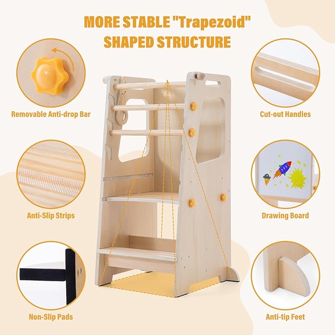 Toddler Standing Tower, 4 in 1 Kitchen Stool Helper with Whiteboard, Kids Step Stool with Convertible Table and Chair, Toddler Helper Tower with Adjustable Height for Counter,Sink