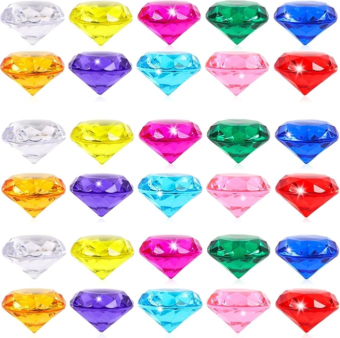 Niceup 52PCS Kids Diamond Pool Diving Gems 1.57in Swimming Game Toys Pirate Fake Jewels Treasure Crystal Acrylic Plastic Gemstones
