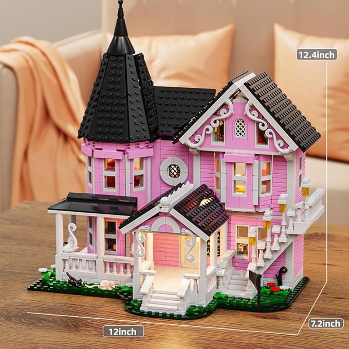 Pink Palace House Building Set with Lights, Halloween Haunted House Blocks Toy, Halloween House Kit for Kids Adults,Christmas for Girls and Boys, Aged 8+ (1349PCS)