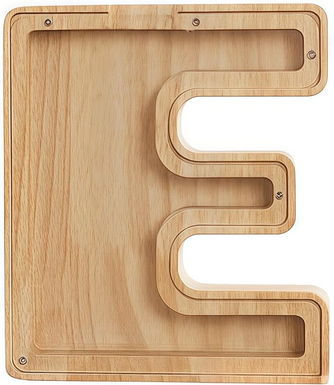 Wooden Alphabet Piggy Bank Clear Acrylic Panel Coin Savings Box Personalized Money Bank for Kids Boys Girls Adults, Birthday Home Décor(E)