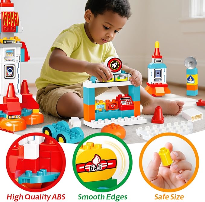 Building Blocks for Toddlers 1-3-5, 131 Pcs Space Rocket STEM DIY Big Classic Building Bricks Toys Set for Kids Ages 2-4-5-8, Compatible With All Major Brands, Spaceship Gift Toy for 3-5 Boys Girls