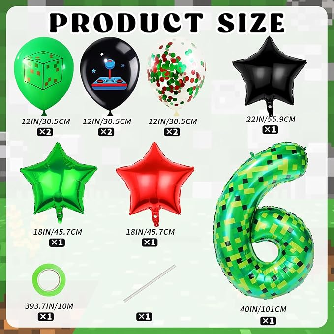 40in TNT Pixel Number 6 Balloon Birthday Decorations, Miner Theme Green Foil Balloons Blast Gaming Party Supplies