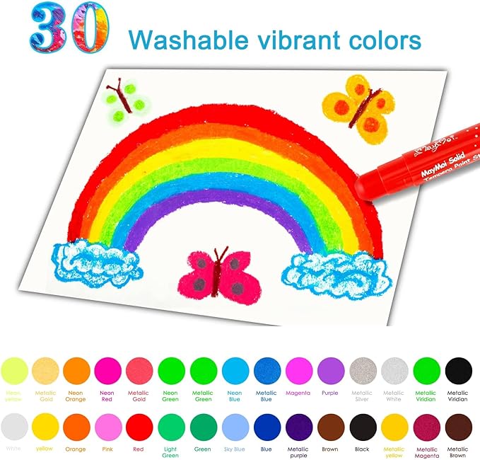 Tempera Paint Sticks - 30 Bright Colors, Quick Drying, Easy to Color and Washable Crayons for Kids and Students