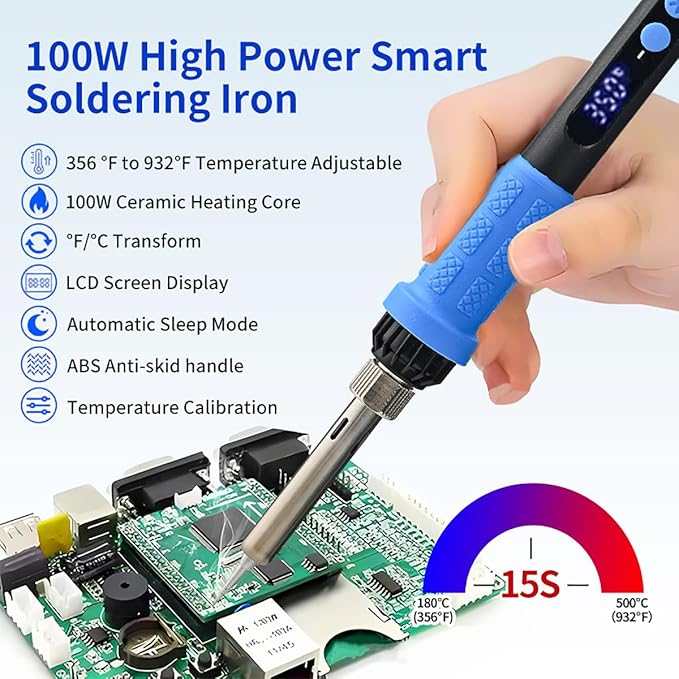 Soldering Iron Kit, 100W High Power LCD Soldering Iron, 2 Helping Hands Soldering, Flux, Iron Tips, Tin Wires, Solder Sucker, Tweezers. °C/℉ Conversion, Auto Sleep，Temperature Calibration