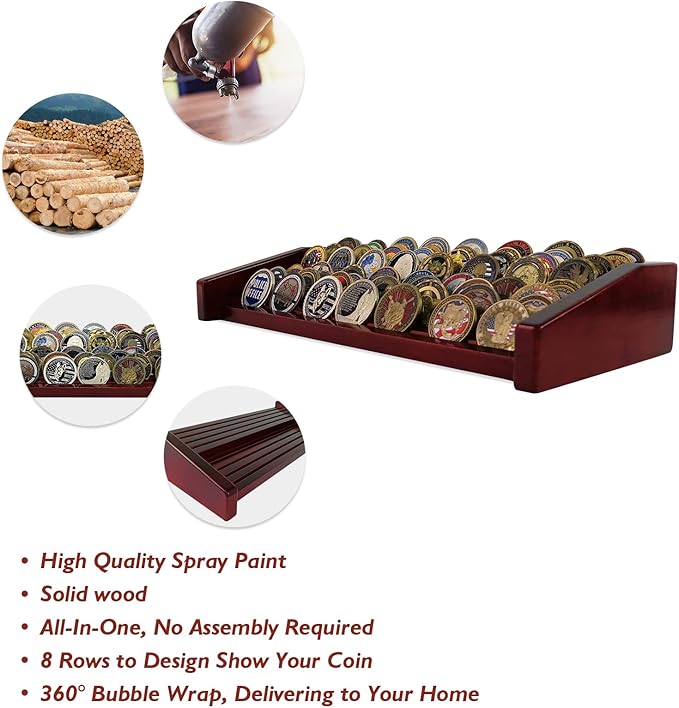 8 Rows Military Challenge Coin Display Stand - Holds 60-70 Coins, Solid Wood Army Police Coin Rack Display Holder for Desktop, Mahogany