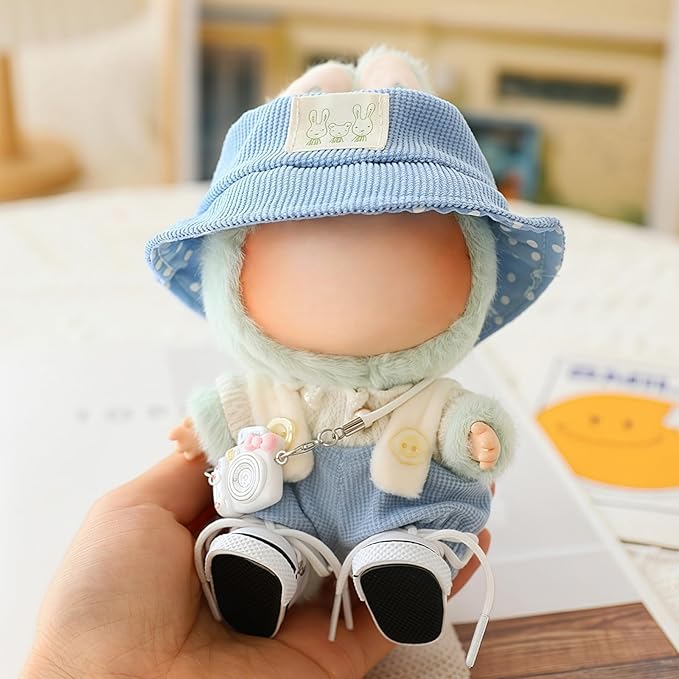 Clothes for Dolls Accessories (No Doll), Cute Outfit Set 5 Pieces Bib Pants for 15 & 17cm Doll Suit, Stylish Dress Up Overalls Doll Clothing Set Replacement with Hat Clothes Shoes Blue
