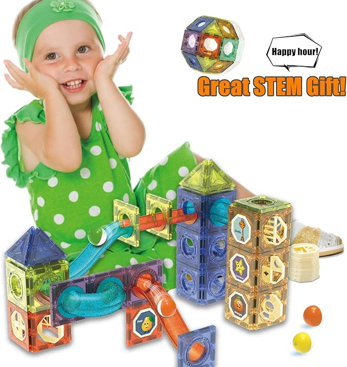 Magnetic Tiles Building Blocks Toys for Kids,144 PCS Magnet STEM Construction Set with LED Lights & Marble Run | Educational Learning Creative Gifts for Kids Ages 5-12 Boys and Girls