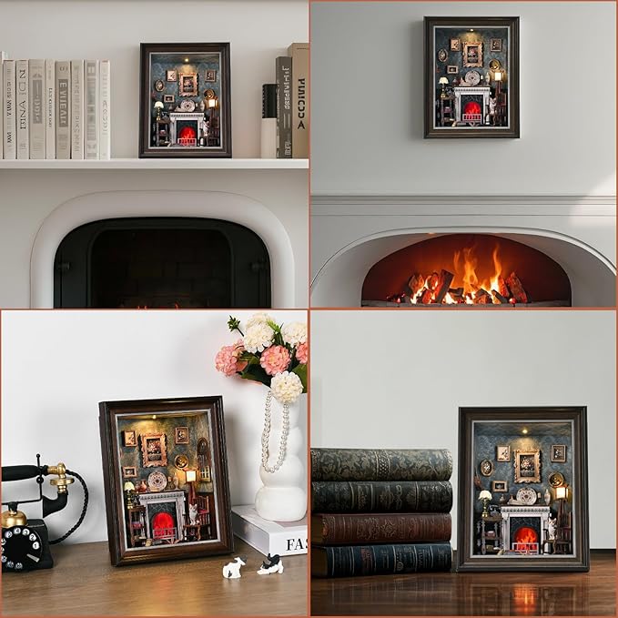Book Nook Kit - 3D Wooden Puzzle with LED Switch Control & Wall-Mountable Frame，DIY Miniature House for Beginners，Bookshelf/Tabletop/Wall Decor for Craft Lovers，Dollhouse Gift,Fireplace